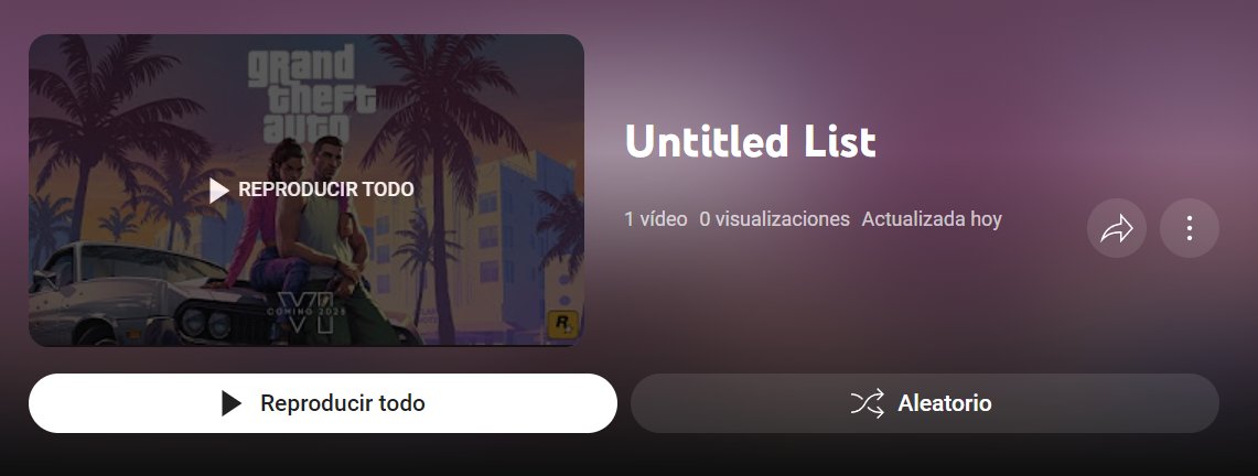 GTAHouse_ES's tweet photo. ❌ | Sobre los reportes que están apareciendo de que Rockstar ha creado una lista de reproducción hoy para GTA VI, hemos de informar de que esto es FALSO.

Al añadir el ID del vídeo como playlist ID, Youtube siempre generará una lista de reproducción sin nombrar. 

Esto lo puedes hacer tú mismo con cualquier vídeo, como demostraremos en el próximo tweet: