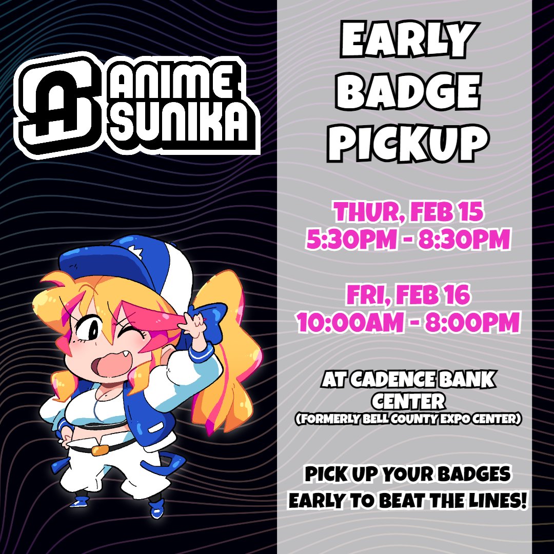 ***EARLY BADGE PICKUP*** If you have purchased tickets before the show, you can pick them up early at the venue! Thursday (February 15, 2024) 5:30PM - 8:30PM Friday (February 16, 2024) 10AM - 8PM Ticketing and Event: animesunika.com