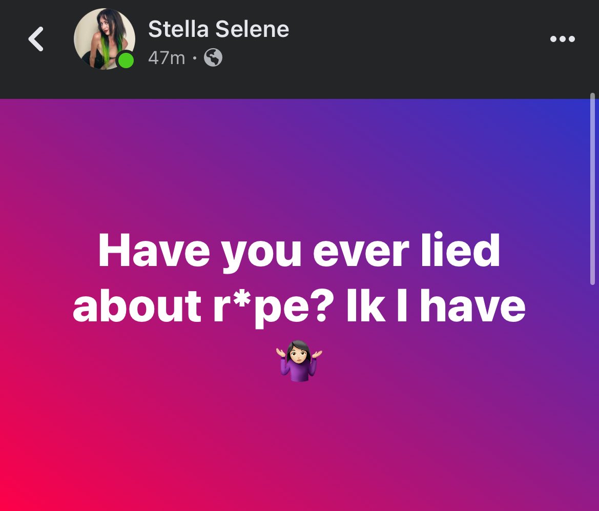 BatCorpseCult's tweet photo. @StellaSelene_ @StellaSelenexx lies about r*pe, since I know she’s about to delete comments and deactivate like she did on Facebook I figured yall should know. https://t.co/Nucf1EJuFI