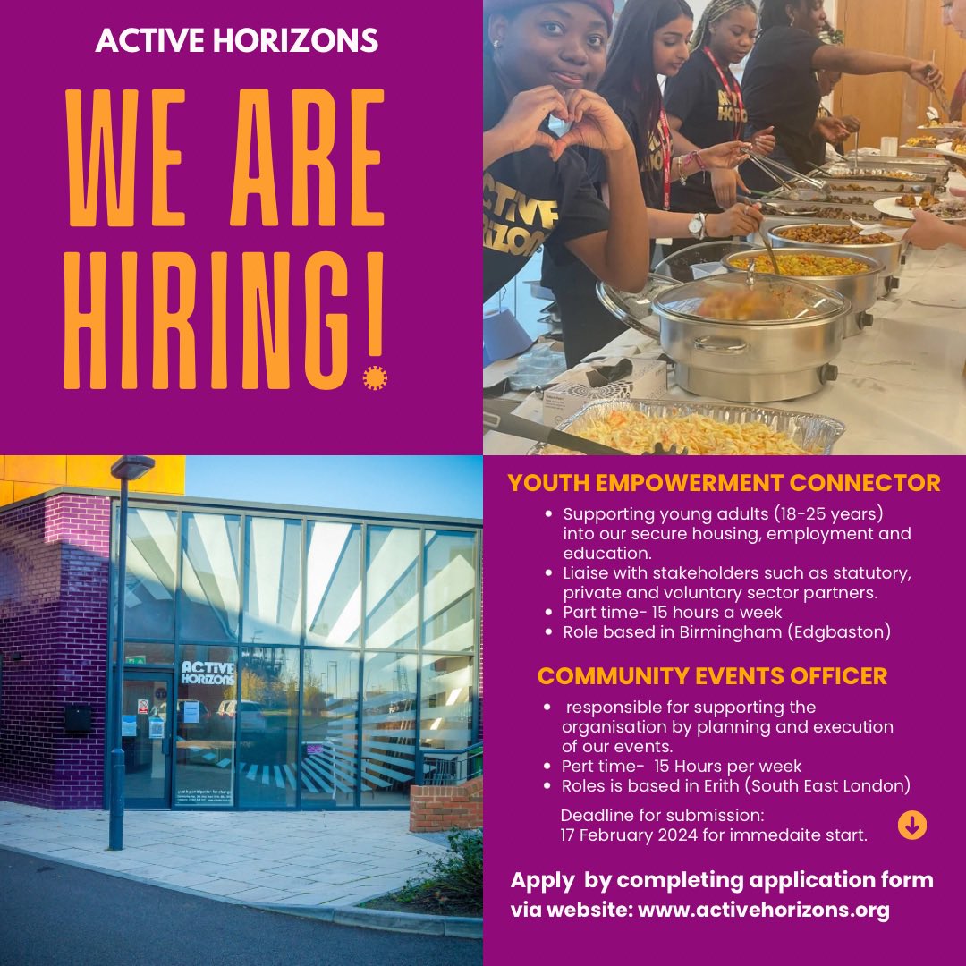 Join our small team with huge impact for the part time roles. Youth Empowerment Connector and Community Events Officer. To apply via activehorizons.org/vacancies/