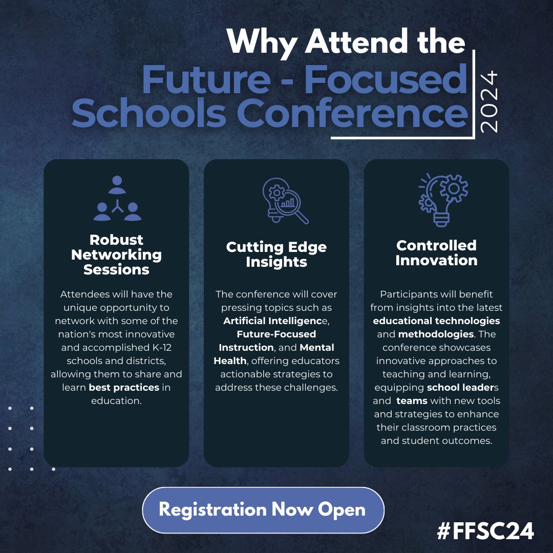 Here are three reasons to register for the Future-Focused Schools Conference! 
Register Now: lnkd.in/ep5cpFUh

#FFSC24 #FutureFocused #BillDaggett #StudentSuccess