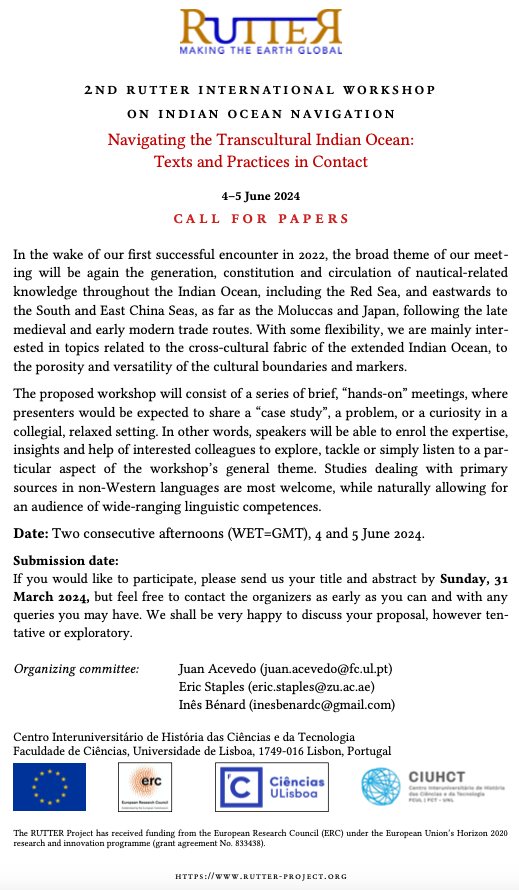 #IndianOcean and #Navigation scholars here is a call for papers #CFP on maritime/nautical topics, save the date for June, and pls share widely! Online event, 2 afternoons
<a href="/ErcRutter/">RUTTER ERC Project</a> <a href="/ERC_Research/">European Research Council (ERC)</a> <a href="/JournalIOR/">Journal of the Indian Ocean Region</a> <a href="/iowcmcgill/">Indian Ocean World Centre</a> <a href="/histsci/">History of Science</a> <a href="/CrossroadsRC/">Crossroads Research Centre</a>
