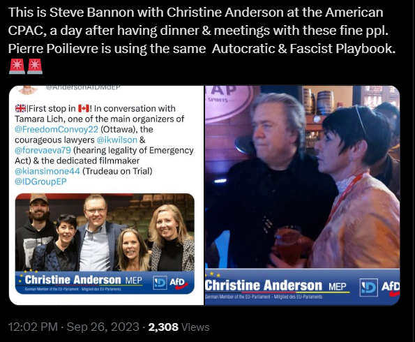 sock82's tweet photo. #ChristineAnderson #AfD made 2 North American tours in 2023 and met with some interesting people.
Among them were Conservative M.P.s, #TamaraLich , #SteveBannon , and one of #PierrePoilievre's pals in the #Diagolon, #DerekHarrison https://t.co/X2oH0dwTep