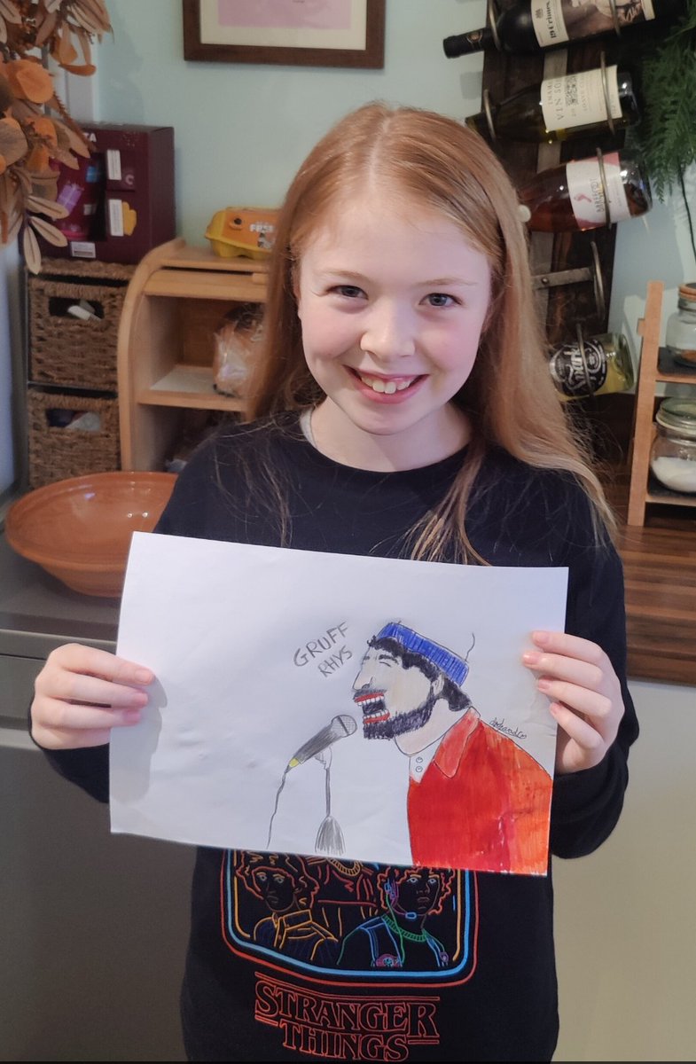 Angharad has to do a fact file on a famous Welsh person for the Eisteddfod. Most of her class are doing Gareth Bale or similar. She's doing one on <a href="/gruffingtonpost/">Gruff Rhys</a>. That's my girl!