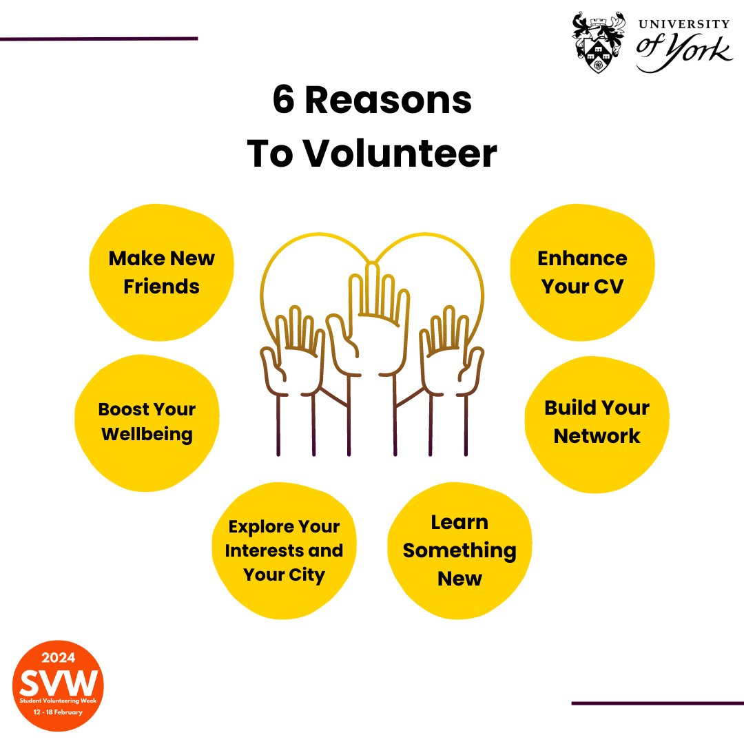UoY Volunteering (@uoyvolunteering) on Twitter photo In celebration of <a href="/StudentVolWeek/">Student Volunteering Week</a>, let's explore why volunteer work can be such a fulfilling opportunity! Volunteering offers an avenue to connect with new people, your local community, and gain experiences that contribute to personal and professional development. #SVW2024 In celebration of <a href="/StudentVolWeek/">Student Volunteering Week</a>, let's explore why volunteer work can be such a fulfilling opportunity! Volunteering offers an avenue to connect with new people, your local community, and gain experiences that contribute to personal and professional development. #SVW2024