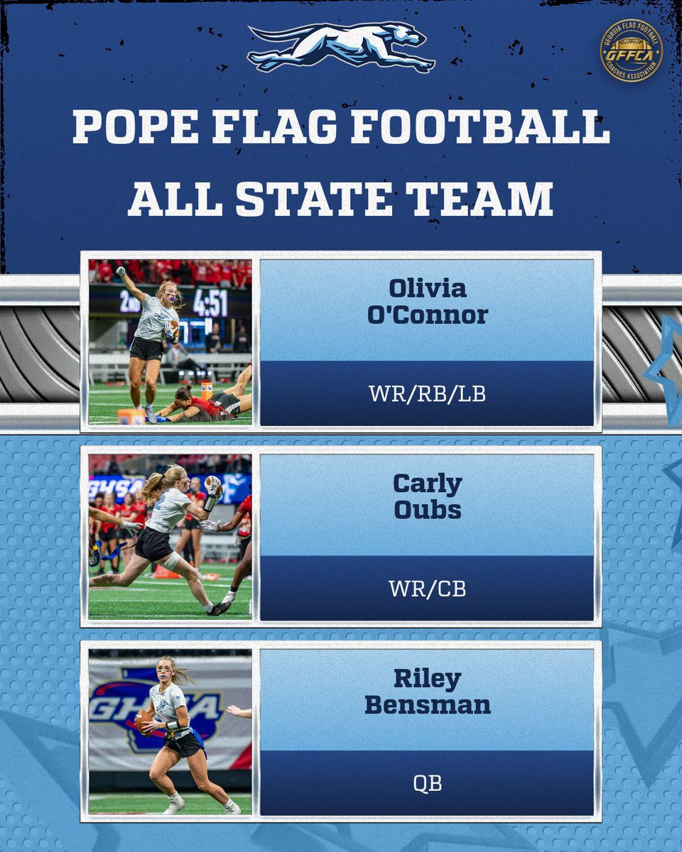CONGRATS to these 3 on being voted to the All-State Flag Football Team! So much of our success is a result of their ability, hard work, and leadership! We are PROUD of you!! #WeCompete <a href="/BensmanRiley/">riley bensman</a> <a href="/CarlyOubs/">Carly Oubs</a> <a href="/PopeAthletics/">Pope Greyhounds</a>