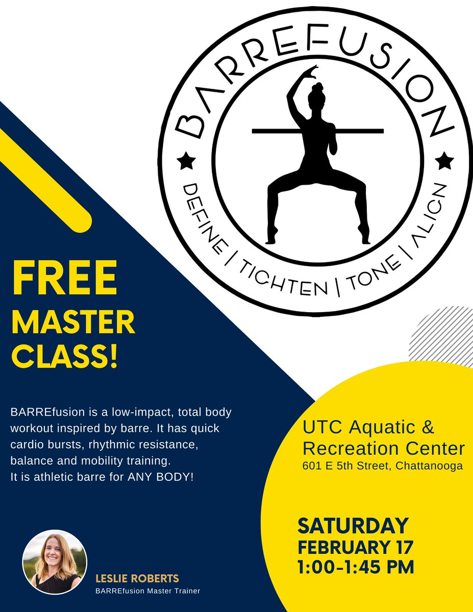 #UTC Campus Rec will host a BARREfusion Master Class on Sat. Feb. 17 at 1 pm in the ARC. Interested in becoming an instructor? Attend the class to learn more about the Instructor Training on March 23.