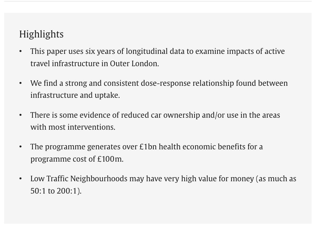 New study shows LTN residents change behaviour - they walk and cycle more, drive less. Also, LTNs provide high VFM when comparing health economic benefits from physical activity to costs of scheme implementation. Positive news! sciencedirect.com/science/articl…