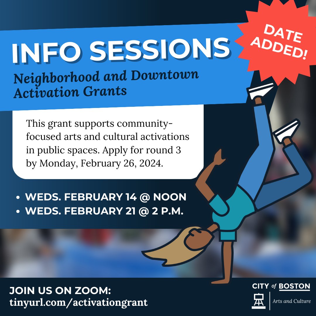 We have added an additional info session for round 3 of the Neighborhood and Downtown Activation Grant! Join us on: 📆 Feb. 14 at noon 📆 Feb. 21 at 2 p.m. Apply for the grant by Monday, Feb. 26, 2024. tinyurl.com/activationgrant