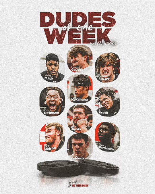 Week IV kicked off today-but huge S/O to @BadgerFootball Week III DUDES OF THE WEEK 🔥💪🏻💪🏾🦡👐🏻@landon_gauthier @ChristianAllie7 @_DPETERSON10 @trechkekahuna @TisdellAj @mjarvis42 @JackNelson755 @colin_cubberly @IamQB3 + Mack Attack! #TND #HUNT