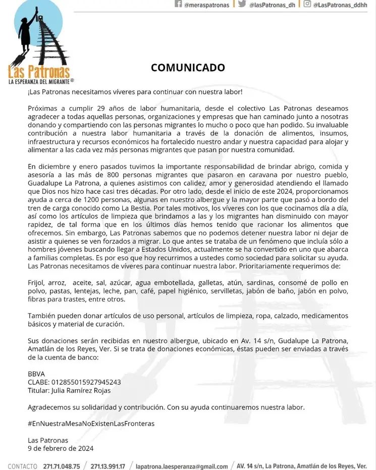 Las patronas solicitamos víveres para continuar con nuestra labor. 
De igual manera, reiteramos nuestro agradecimiento a todas las personas que nos han apoyado, haciendo que este espacio siga dando luz a nuestras hermanas y hnos migrantes.
#LasPatronas #migrantes