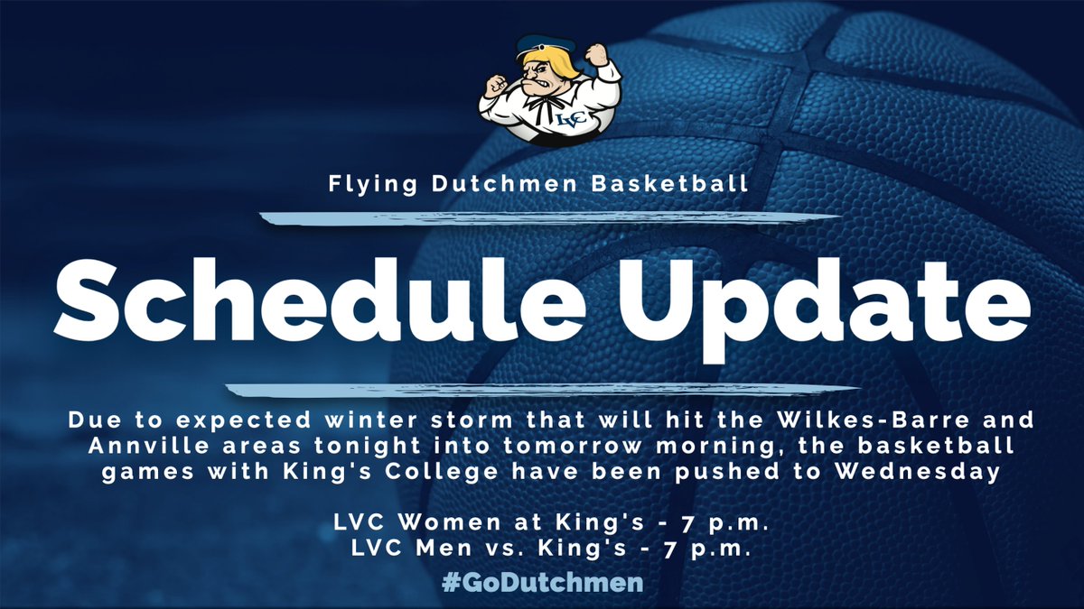 Tomorrow's basketball games against King's have been postponed to Wednesday due to the winter storm that is expected for the Wilkes-Barre and Annville areas

<a href="/lvcdmbb/">Lebanon Valley College Men’s Basketball</a> will host the Monarchs while <a href="/lvcwbb/">LVC Women’s Basketball</a> will head up to Wilkes-Barre for 7 p.m. start times!

#GoDutchmen
#d3hoops