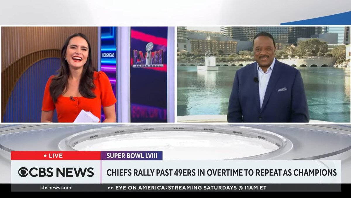 On the day after @Chiefs repeat as @SuperBowl champs on @CBS, @vladduthiersCBS & @AMGreenCBS this morning hand over to @lilialuciano with more news this afternoon on @CBSNews Streaming. @JBsportscaster recaps #SB58 from Vegas. Hola Lilia in Chiefs red❤️! cbsnews.com/live