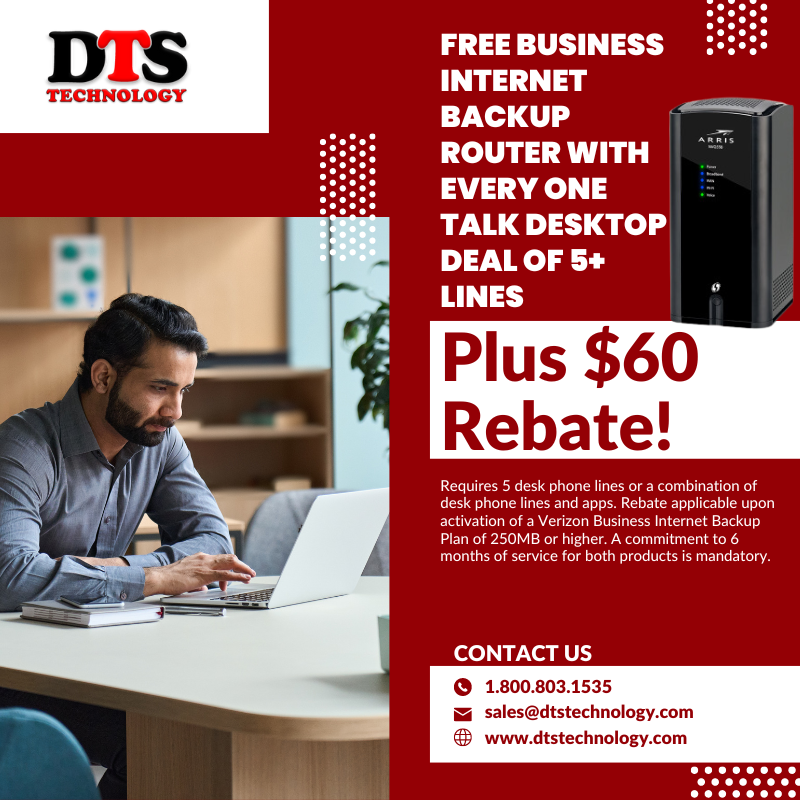 DTSTechnology_'s tweet photo. Unlock unbeatable value with our exclusive #promo! Get a #FREE Business Internet Backup #Router with every #OneTalk Desktop deal of 5+ lines. Seamlessly reliable communication is now at your fingertips. Plus, enjoy a $60 #rebate! Don't miss out on this game-changing offer! 🌐🔒 https://t.co/SAhMohWknF