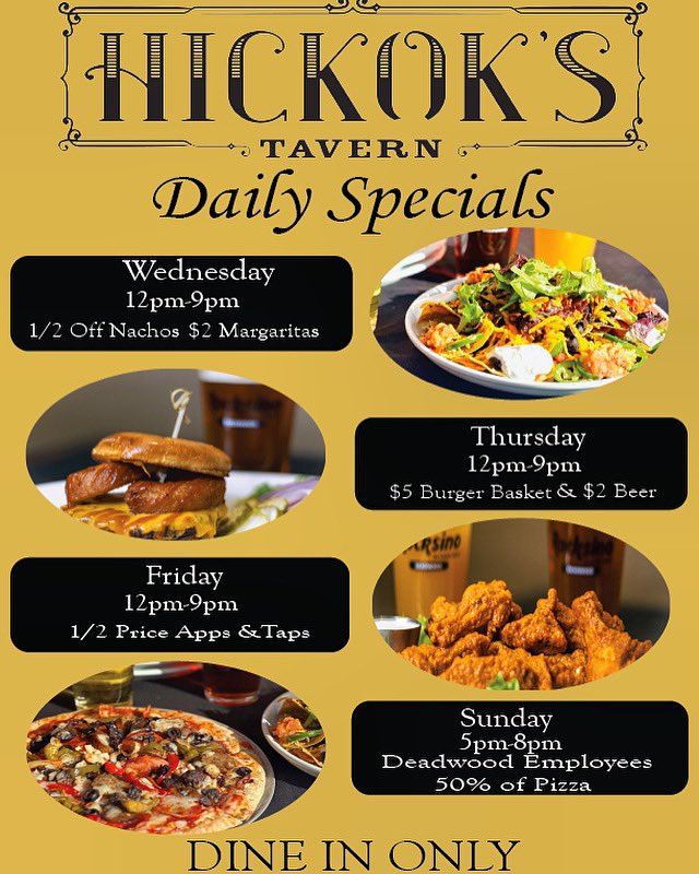 DAILY SPECIALS 🔥🔥🔥 
Come see us <a href="/RocksinoHR/">ROCKSINO by Hard Rock</a> <a href="/DeadwoodSD/">Historic Deadwood</a> #hickokstavern !!! 
#hardrock #rocksino #rocksinodeadwood #southdakota #dailyspecials #casino #deadwood