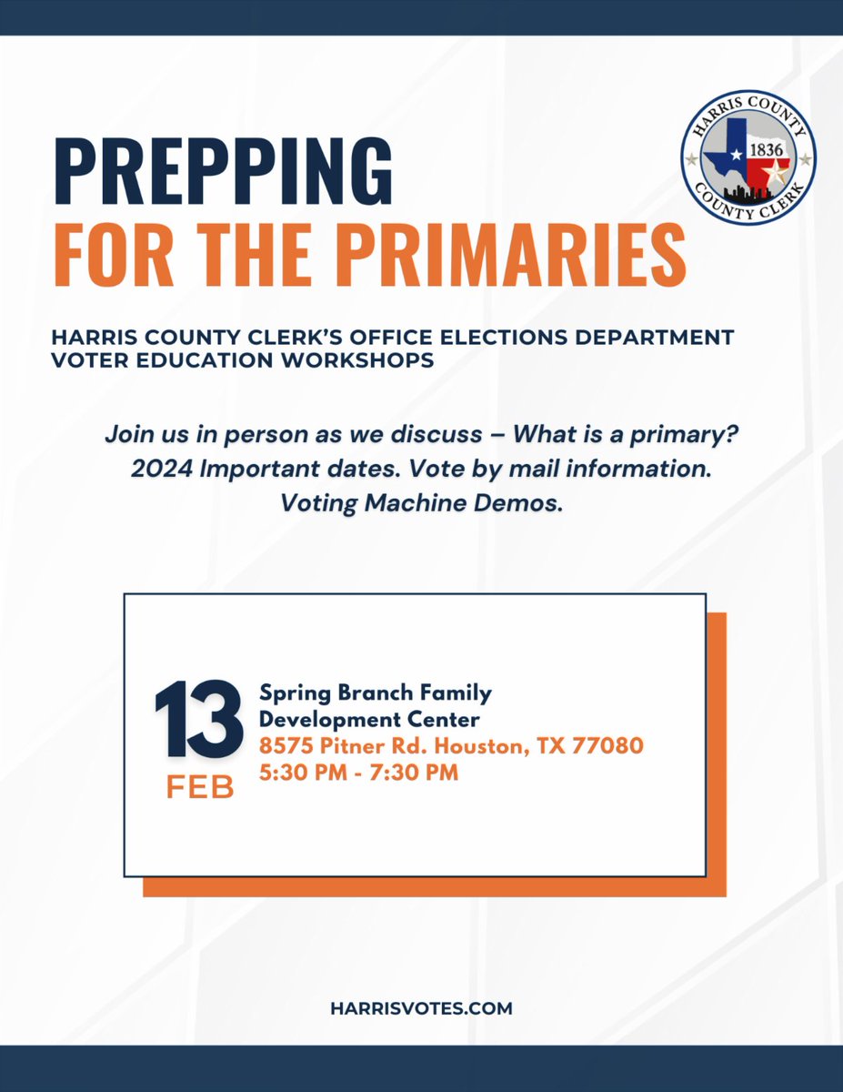 Tuesday, Feb. 13 - 5:30pm: Want to learn more about voting in Harris County? Know a high school senior or new voter who does not know what to expect? Want info about voting by mail? Want a voting machine demo? Other ?s? Visit w/ @harriscotxclerk reps in @SBFDCenter's health lobby