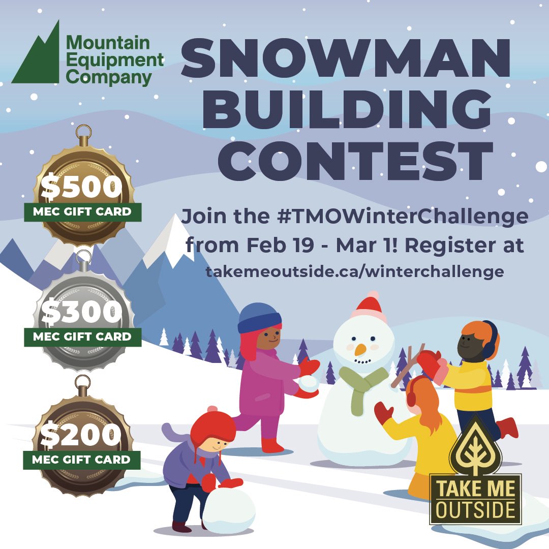 1 week until the Winter Challenge begins & we're getting excited for the Snowman Building Contest! Will you & your learners can dream up something amazing? You could win great prizes from MEC! All materials welcome (not just snow!) ⛄ Details & sign up: takemeoutside.ca/winterchalleng…