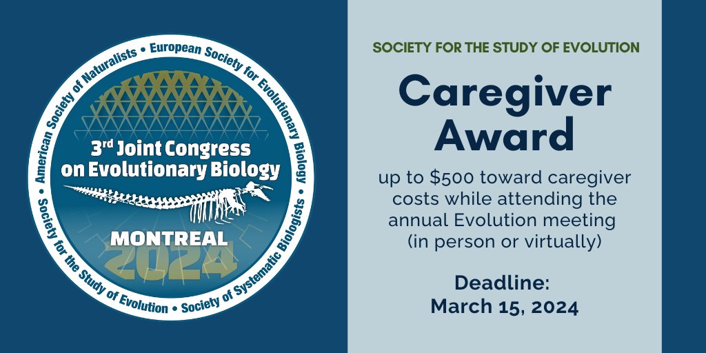 Apply now for the SSE Caregiver Award for up to $500 USD to help cover caregiving costs while attending virtual or in-person #Evol2024. Deadline March 15! evolutionsociety.org/news/display/2…