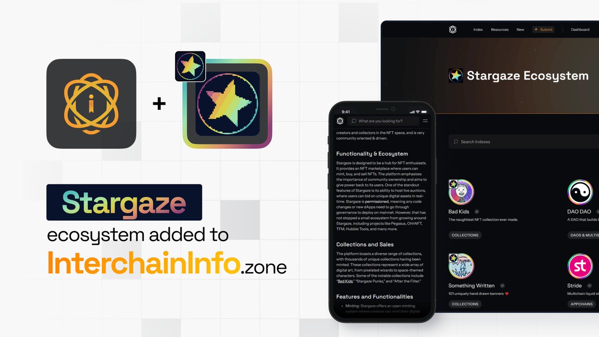 We've finally added full ecosystem support for <a href="/StargazeZone/">Stargaze ✨🔭</a>🚀🖼️

Users will now have a much easier time exploring the world of $STARS; whether they're looking for their next collection or trying to find a validator, it's all now in one place! 👇
interchaininfo.zone/ecosystem/star…