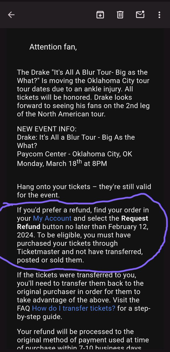 DaScopeFiend's tweet photo. @TMFanSupport Wanted to confirm it's your policy to send out emails with false info then put it on the customer to deal with the consequences of your mistake. Why send out an email telling customers they could get a refund on Tix no later than 2/12 and then not honor those words? https://t.co/wYg6INk4Rx