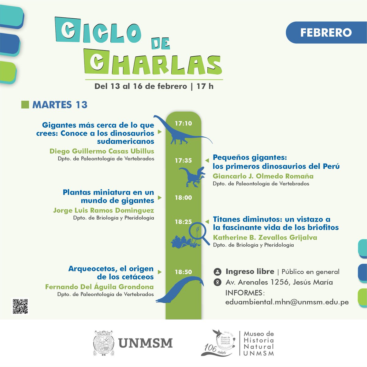 MuseoHNUNMSM's tweet photo. 🥳🐳🐸Mañana comenzamos la Semana de Talleres Infantiles y Ciclo de Charlas por el 106° Aniversario del MHN-UNMSM. ¡¡¡No te lo puedes perder!!!🧫🔬

🤓🦖🦥Aquí te dejamos los eventos del martes 13 y miércoles 14.

#106aniversariomhnunmsm #ciclodecharlasmhn #talleresinfantilesmhn https://t.co/dUNF2yLlZS