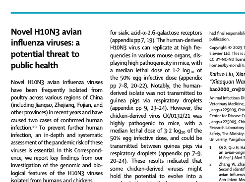 H10 viruses, particularly in Asia, remain concerning. H10N3 found in 41 year old man in China. These H10 viruses also found in poultry markets (2020-22). Human & poultry viruses bind sialic acid-α-2,6-galactose receptors, poultry viruses lethal to mice
👉thelancet.com/journals/lanmi…