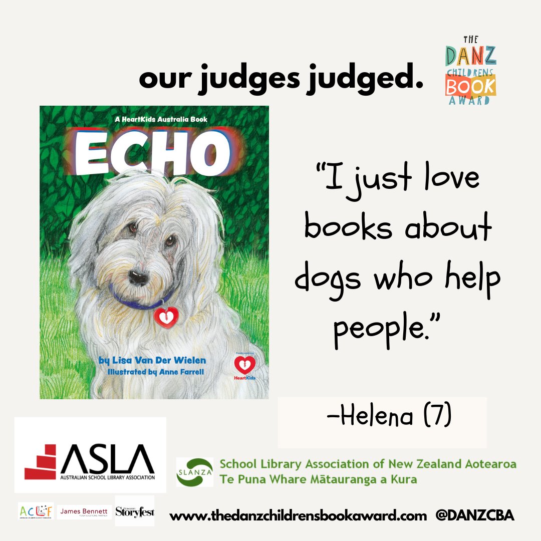 2024 LONGLIST SPOTLIGHT!

Echo 
Written by Lisa Van Der Wielen
Illustrated by Anne Farrell
Published by Lisa Van Der Wielen for HeartKids Australia

"I just love books about dogs who help people." -Helena (7)
#DANZCBA #BookTwitter