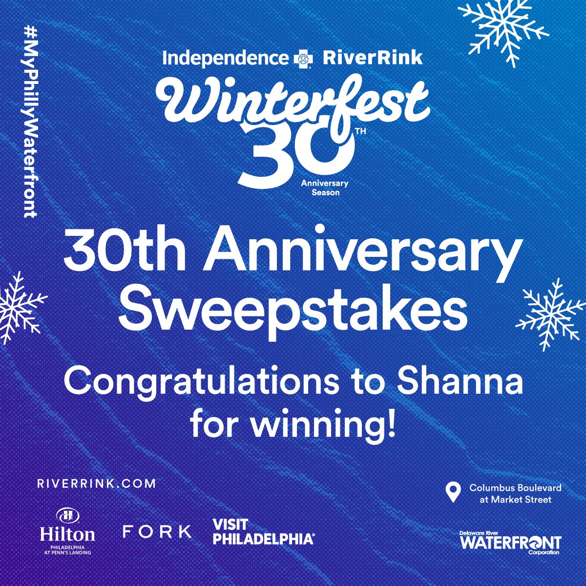 SWEEPSTAKES WINNER ANNOUNCED: We are excited to announce the winner of the Independence Blue Cross RiverRink Winterfest 30th Anniversary Sweepstakes. Keep an eye out for more contests in the future. Congratulations to our winner! #MyPhillyWaterfront #RiverRink #RiverRink30