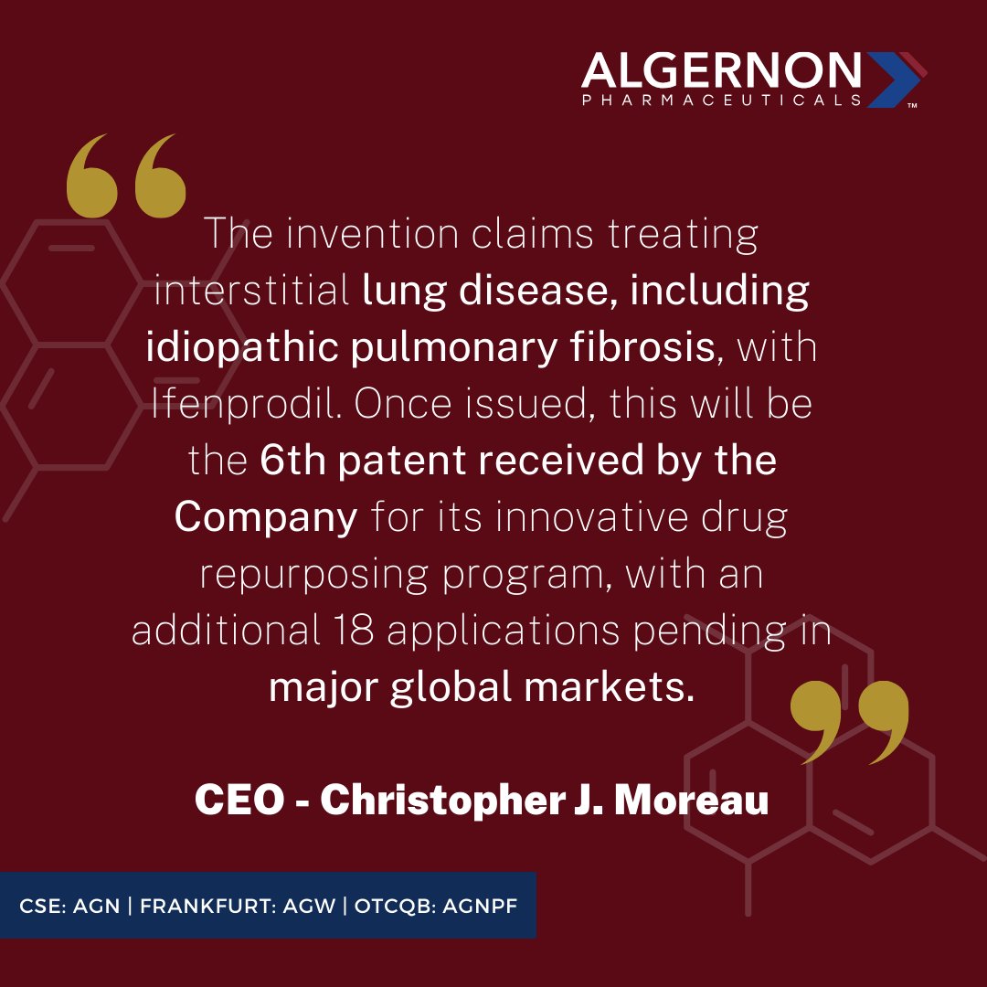 We are pleased to announce the receipt of a notice of allowance from the Japanese Patent Office titled: 'Compositions and Methods for Treating Idiopathic Pulmonary Fibrosis (IPF).'

Check out what our CEO says about this great development ➡️ bit.ly/3tXUQws