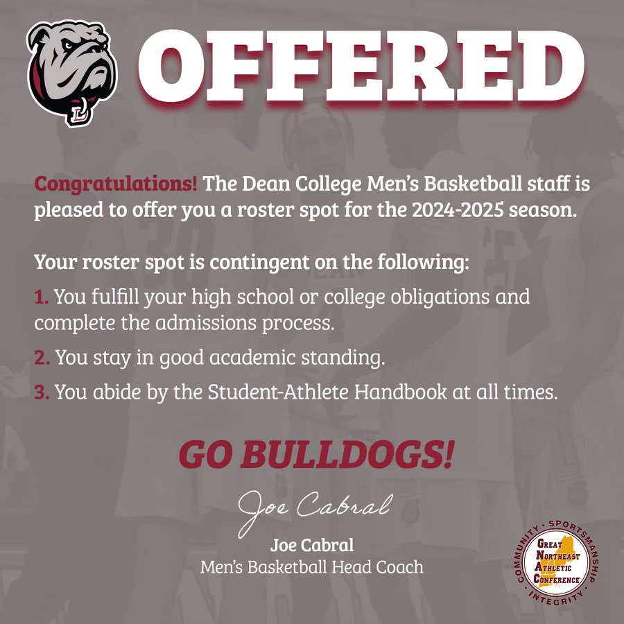 After a great Conversation with Coach Davis, I’m pleased to announce that I received my first offer from Dean College! S/o and Thank you to the coaches at @JucoAssistance for helping me with my recruitment! Go Bulldogs! 🙏🏾🏀