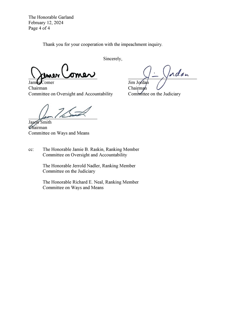 🚨BREAKING🚨

We are giving the Justice Department until February 19 at 5p to produce the transcript of President Biden’s interview with Special Counsel Robert Hur and other documents included in the report that relate to our impeachment inquiry.

Americans deserve transparency