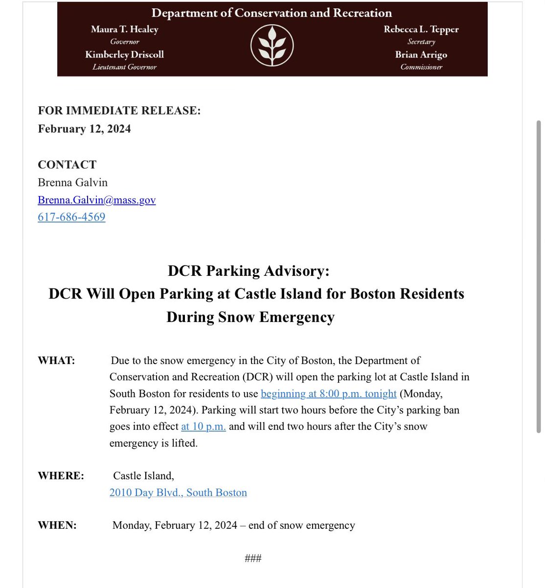 Please note that @MassDCR has made parking available for South Boston residents in response to the snow emergency. Please see additional details in the advisory.