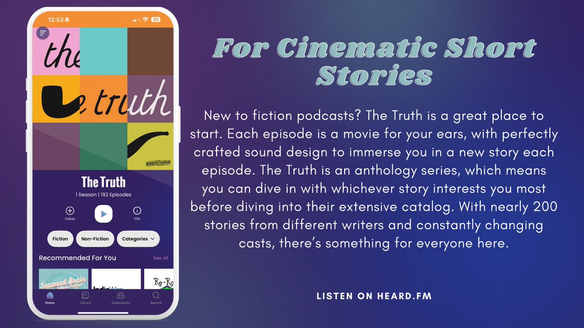 Our Curation Team highlights 7 weekly #podcastrecommendations we think you'll love. Up first: @TheTruthFiction from @yourpaljonathan! If you're new to #fictionpodcasts, this anthology is a great place to start. Listen now & get your own personalized recs: heard.fm/share.php?cG9k…