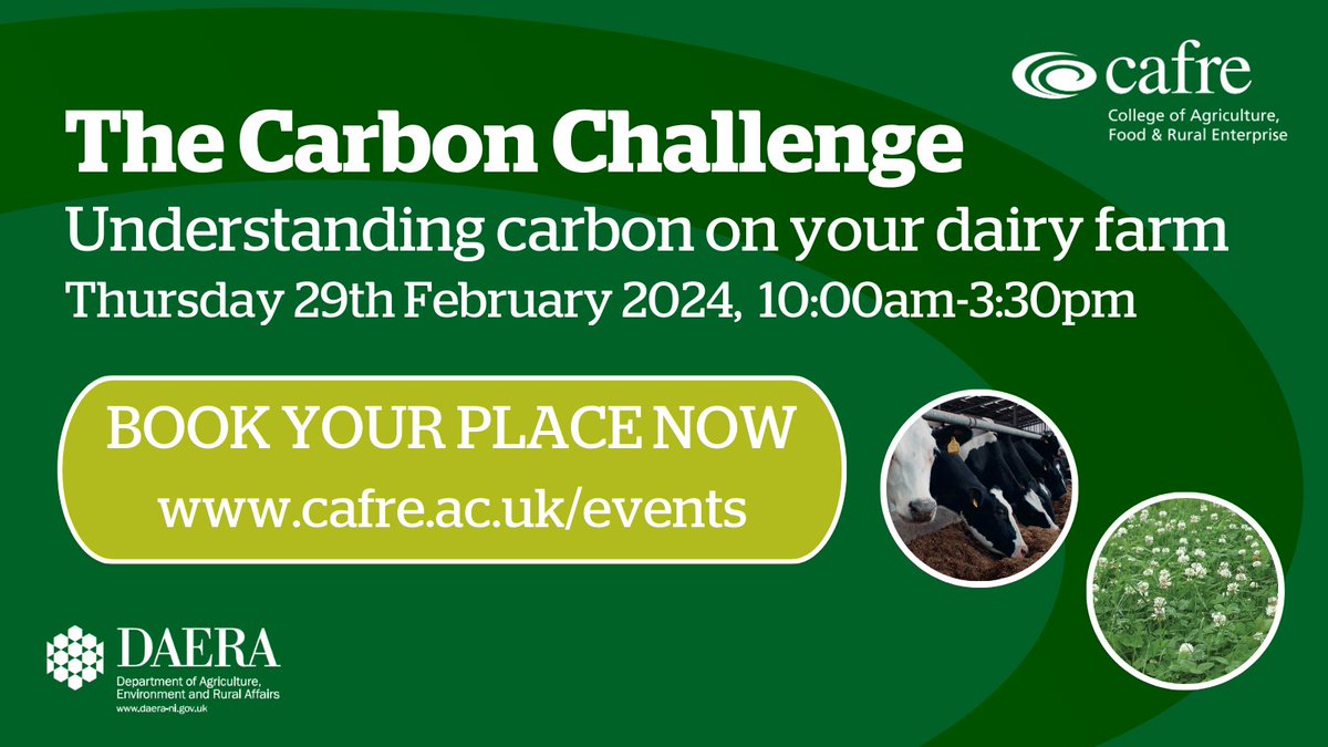CAFRE are hosting an event 'The Carbon Challenge: understanding carbon on your dairy farm' at Greenmount Campus on Thur 29 Feb. Speakers from the supply chain & banking sectors will explain why carbon efficiency on your farm is important. Book your place: cafre.ac.uk/events/the-car…