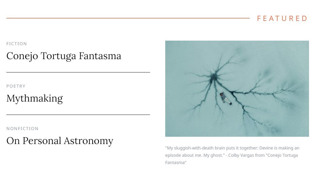 ✨THIS WEEK IN PHR✨
- "Conejo Tortuga Fantasma," a fiction piece by <a href="/Colby_Vargas/">Colby Vargas</a> 
- Sharon Lin's poem, "Mythmaking"
- Xavier Prince's nonfiction piece, "On Personal Astronomy" 

Read now at porterhousereview.org