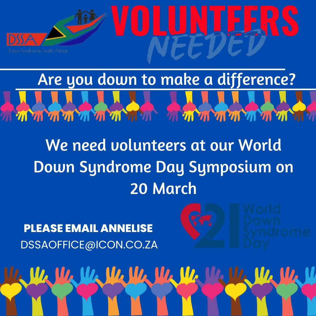 DSSA is in need of volunteers to assist us at our World Down Syndrome Day Symposium on 20 March 2024.
Please contact Annelise through dssaoffice@icon.co.za or call / WhatsApp 072 652 2377.