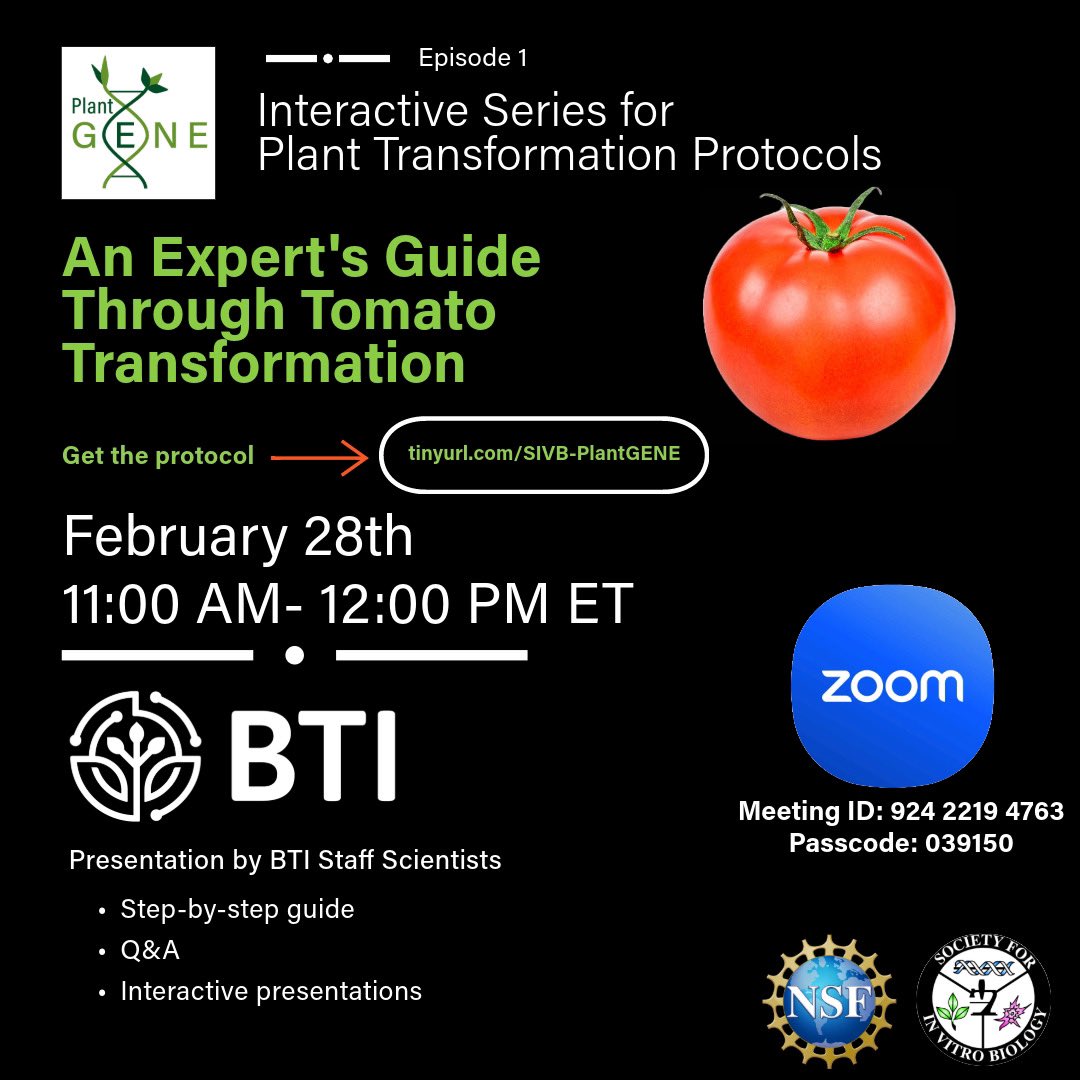 New series from PlantGENE coming soon! 

Join us for “An Expert’s Guide through Tomato Transformation” on Feb. 28th.

BTI scientists will guide attendees through their updated protocol in this interactive session. plantgene.atlassian.net/wiki/spaces/_/…

 #academictwitter #tomato #biotechnology