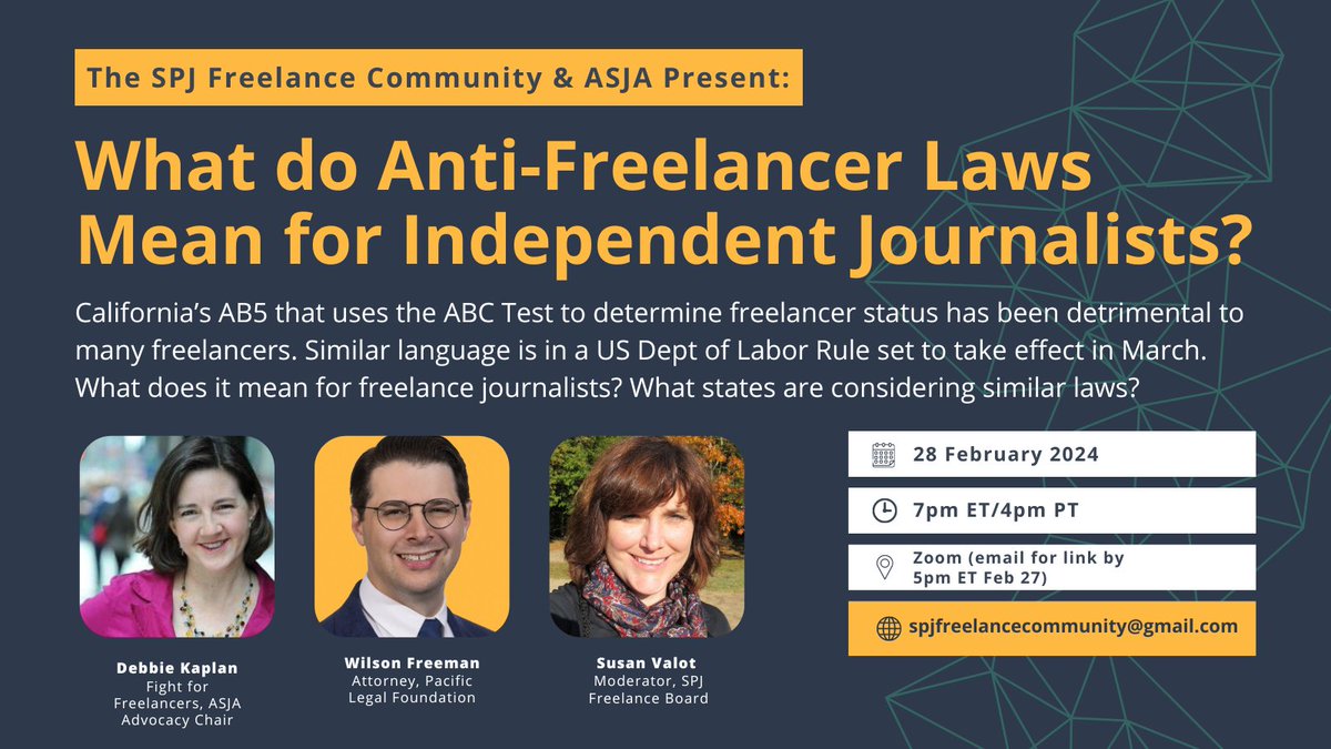 Come learn about the latest rules and legislation that would make it hard (if not impossible) to remain a freelance journalist. Free webinar February 28th. RSVP to spjfreelancecommunity@gmail.com for link. <a href="/ASJAhq/">ASJA</a> #FightForFreelancers