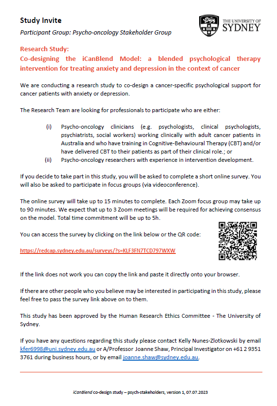 We are conducting a research study to co-design a cancer-specific psychological support for cancer patients with anxiety or depression. We are looking for Psycho-oncology clinicians and researchers to participate in the co-design process: redcap.sydney.edu.au/surveys/?s=KLF…