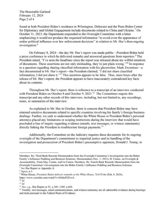 kylenabecker's tweet photo. 🚨BREAKING🚨

The House Oversight Committee is requesting AUDIO and VIDEO of President Biden’s disastrous interview with Special Counsel Robert Hur.

It keeps getting worse and worse for the  Biden presidency, which is set to implode any day now.

“We are giving the Justice Department until February 19 at 5p to produce the transcript of President Biden’s interview with Special Counsel Robert Hur and other documents included in the report that relate to our impeachment inquiry.

Americans deserve transparency about President Biden’s mental state and his mishandling of classified documents.”

Will they DELETE the Hur tapes like they did Hillary’s emails and the J6 Secret Service texts?