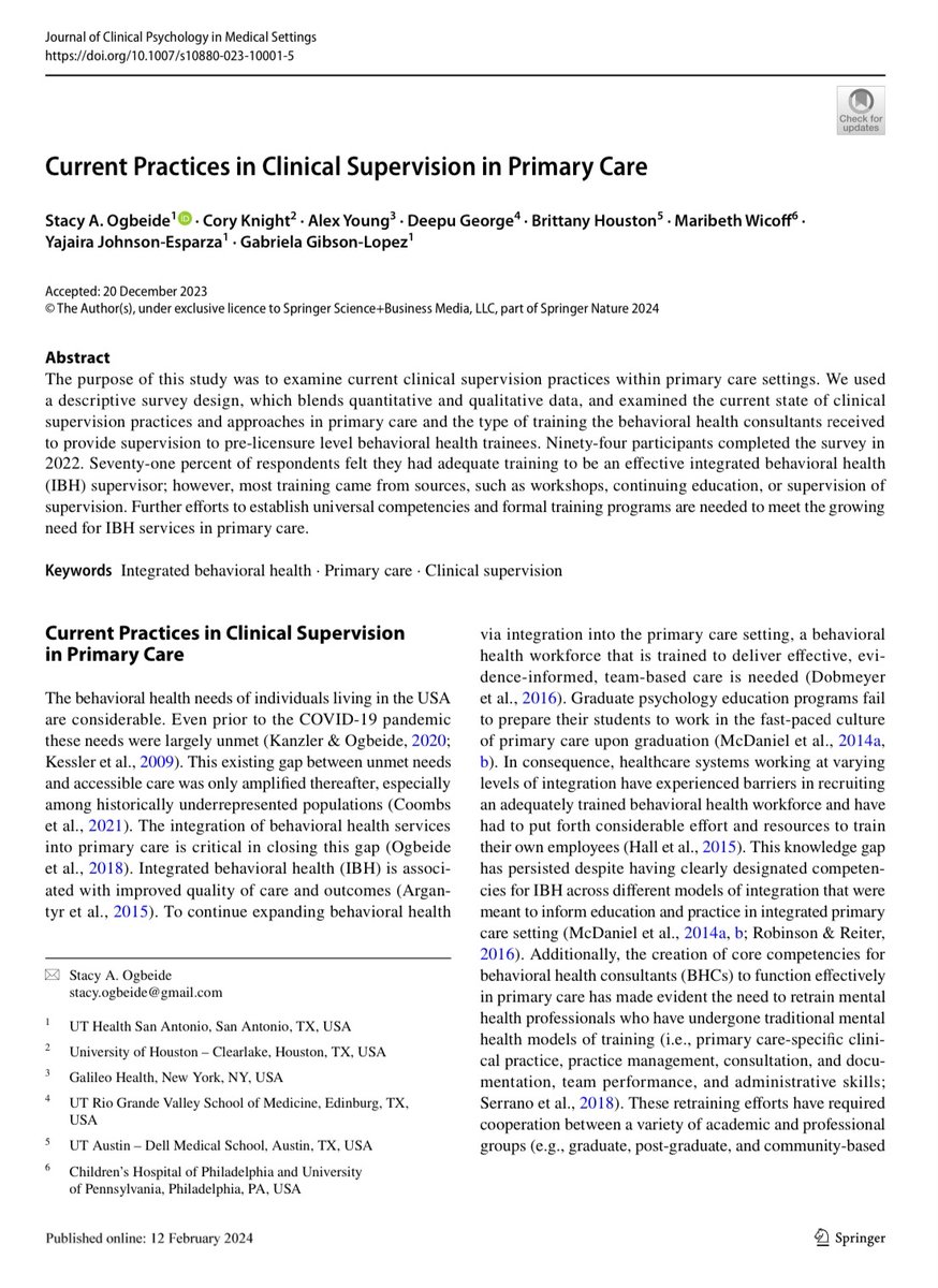 🚨New Pub Alert 🚨 Proud of this good work! #supervision #primarycare #pcbh @cfha_tweet @APAHCnews @APADivision38 @MHAHouston