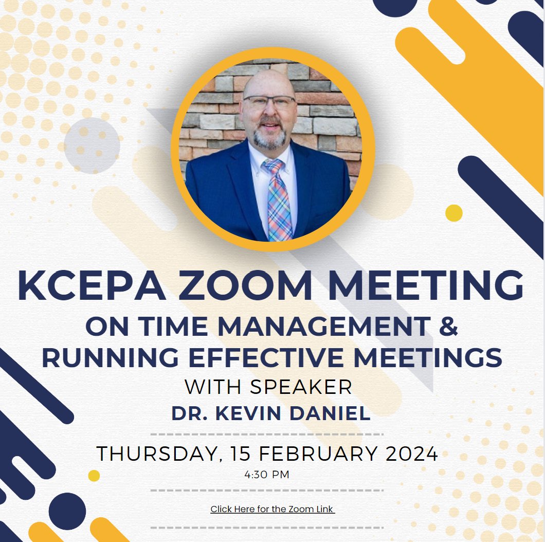 Please join us this Thursday, February 15th for a Zoom meeting with Dr. Kevin Daniel at 4:30pm. Use this link to join us: zoom.us/j/93949294616?…. Dr. Daniel will be speaking on time management and running effective meetings.  We look forward to seeing you on Thursday!