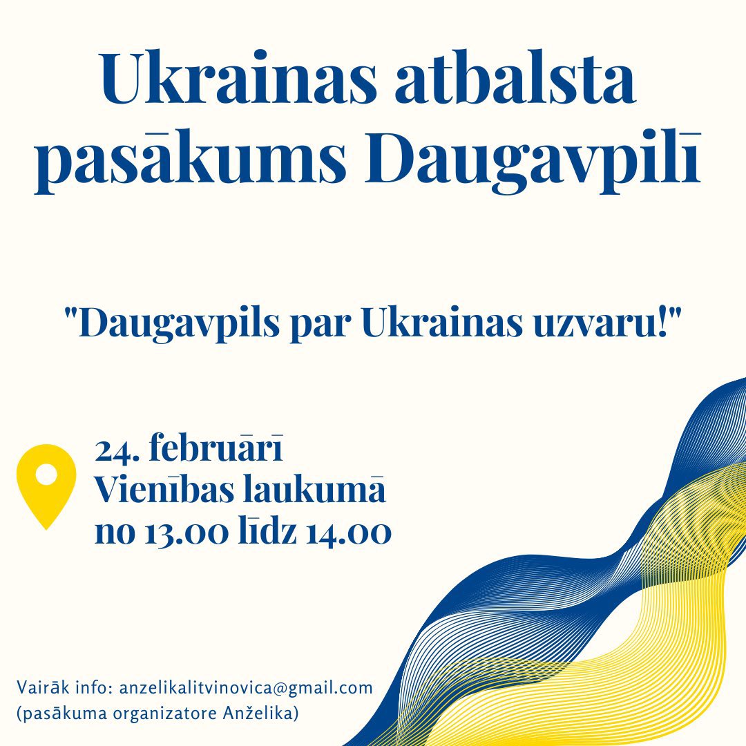 Kādreiz Twitter noorganizējās un uzrīkoja milzīgu gājienu Daugavpilī. Var daudz un smuki dziedāt pie Kongresu nama, tomēr daudz grūtāk atbalstīt Ukrainu neesot blakus līdzīgi domājošiem. Latvijā ir tik stipra cik stiprs ir tas vājākais posms! Padalies ar info, ja pats netiec.