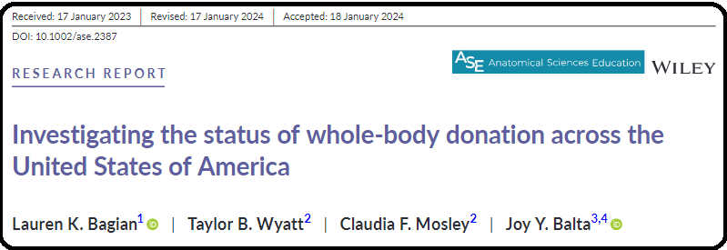 Excited to share this important article published by the #BaltaLab investigating the status of whole-body donation across the United States of America.

Well done to Dr. <a href="/LKBanatomy/">Lauren Bagian</a> and Dr. <a href="/JoyBalta/">Joy Y. Balta</a>. 

anatomypubs.onlinelibrary.wiley.com/doi/epdf/10.10…