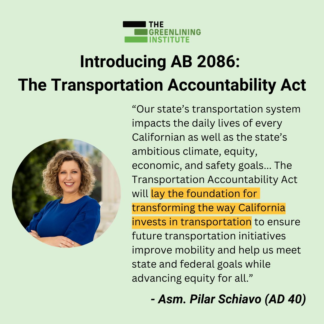 Greenlining's tweet photo. Last Friday, Asm Pilar Schiavo announced the intro of #AB2086, which will create transparency &amp; accountability in CA transportation investments. We are proud to co-sponsor this vital legislation w/
@TransForm_Alert

#GreenlinedPolicies

Read more: https://t.co/P9RMKEsPX6 https://t.co/LvYqvRhnGT