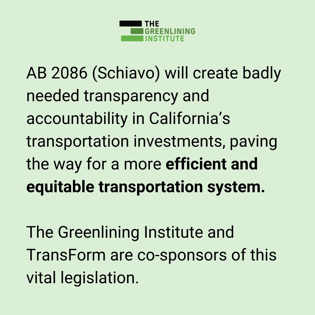 Greenlining's tweet photo. Last Friday, Asm Pilar Schiavo announced the intro of #AB2086, which will create transparency &amp; accountability in CA transportation investments. We are proud to co-sponsor this vital legislation w/
@TransForm_Alert

#GreenlinedPolicies

Read more: https://t.co/P9RMKEsPX6 https://t.co/LvYqvRhnGT