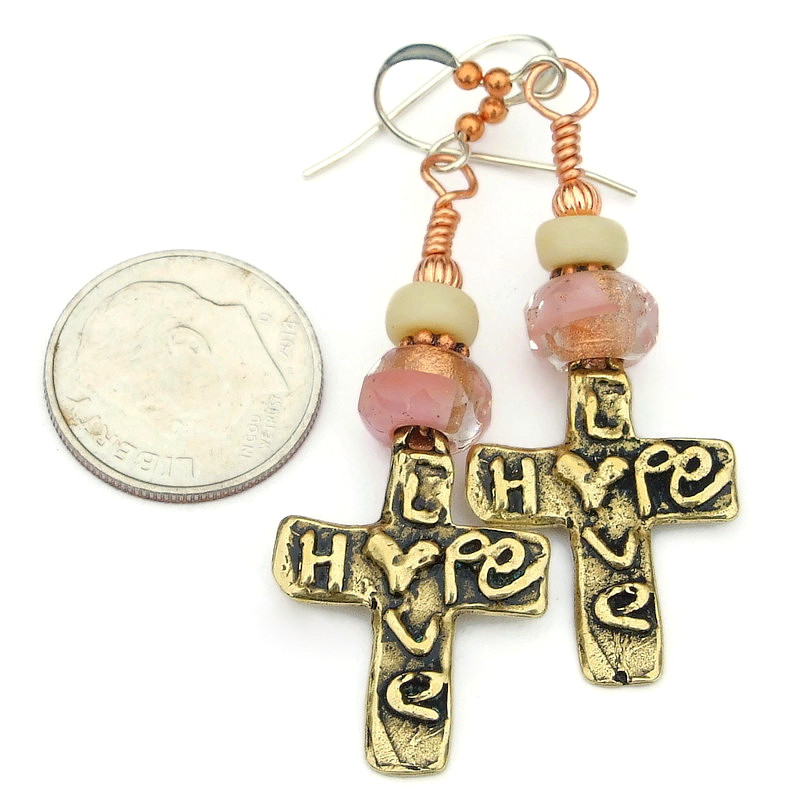 New! Meaningful #hope, #love & #hearts gold bronze #cross #earrings w/ Czech glass!  bit.ly/HopeLoveAlways via @ShadowDogDesign #ShopSmall #ReligiousJewelry #Handmade #CrossEarrings