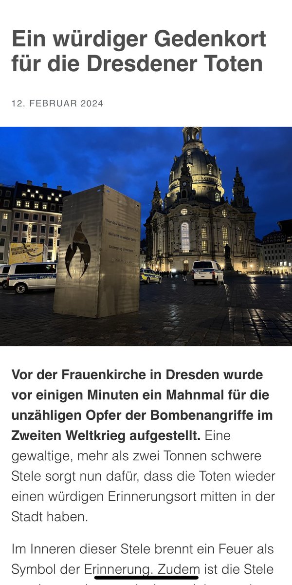 In #Dresden wurde heute eine 2 Tonnen große Stele von #Einprozent errichtet. Zur Erinnerung und Gendenken an die Tausenden Opfer des #13Februar1945. Der (sinnlosen) Zerstörung Dresdens durch alliierte Bomben! In der Stele brennt ein ein Feuer als Symbol der Erinnerung. Auf der