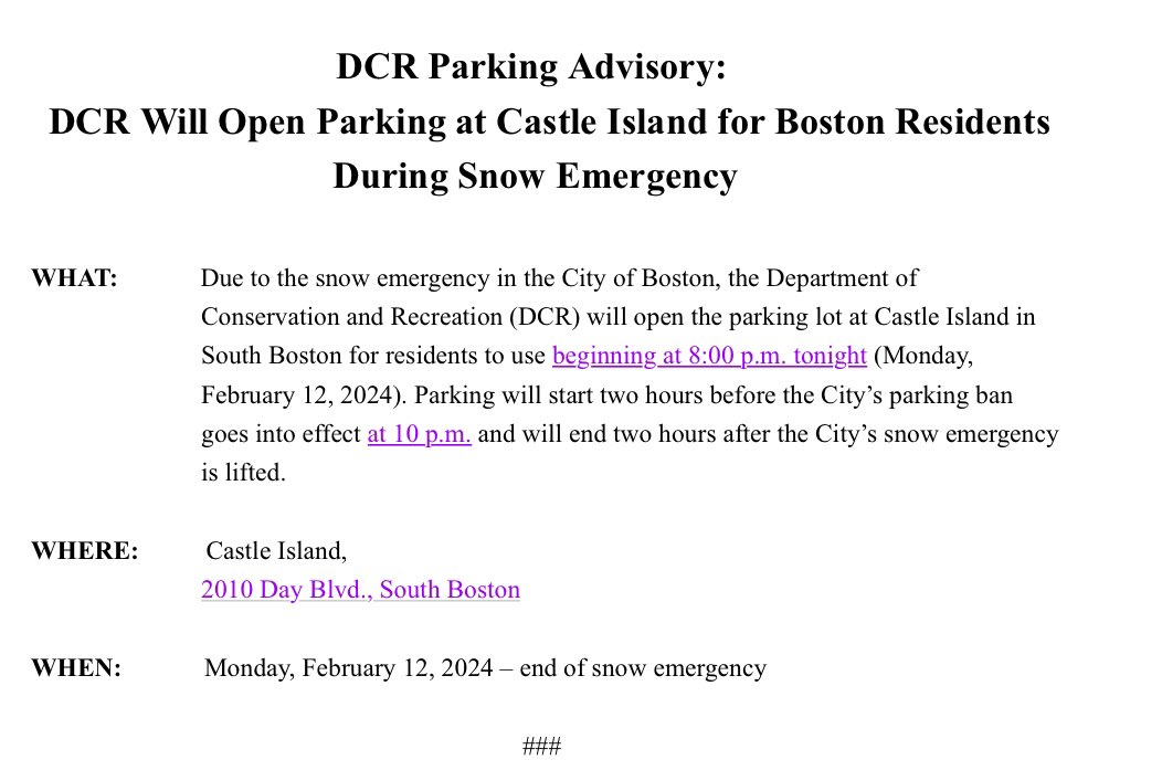 We have issued the following parking advisory ahead of tomorrow’s storm. Castle Island in South Boston will open to parking for residents 2 hrs before the City’s parking ban takes effect.