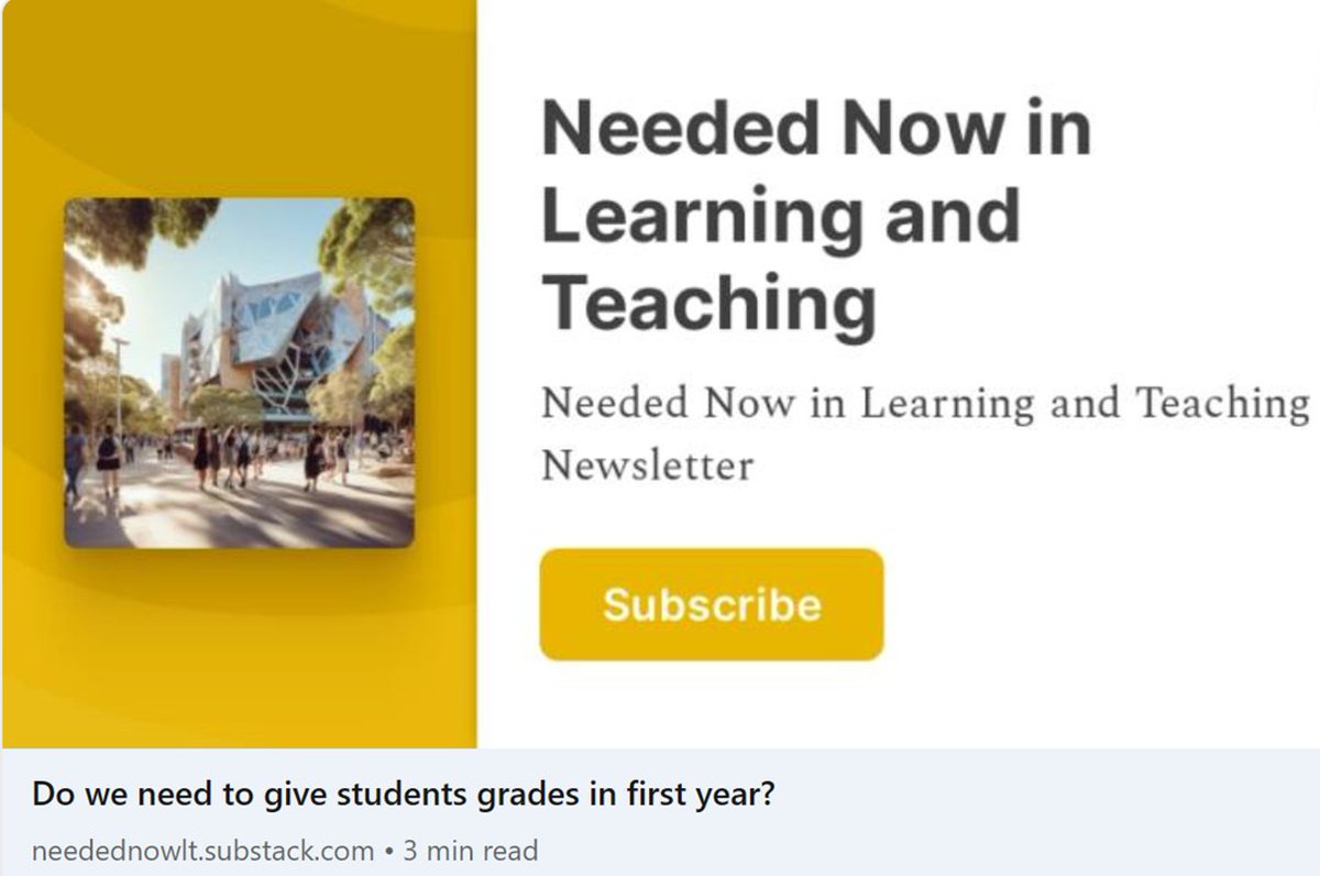 🚨My #NeededNowLT w @jasonmlodge @UNSWScience Liz Angstmann 👇Do we need 2 give students grades in 1styr? Uni physics grades 'predominantly a measure of privilege' 👏@UNSW Physics 1A (>1600 students) no grades= ⬆️Learning ⬇️Stress ⬆️Collaborate & seek help needednowlt.substack.com/p/do-we-need-t…